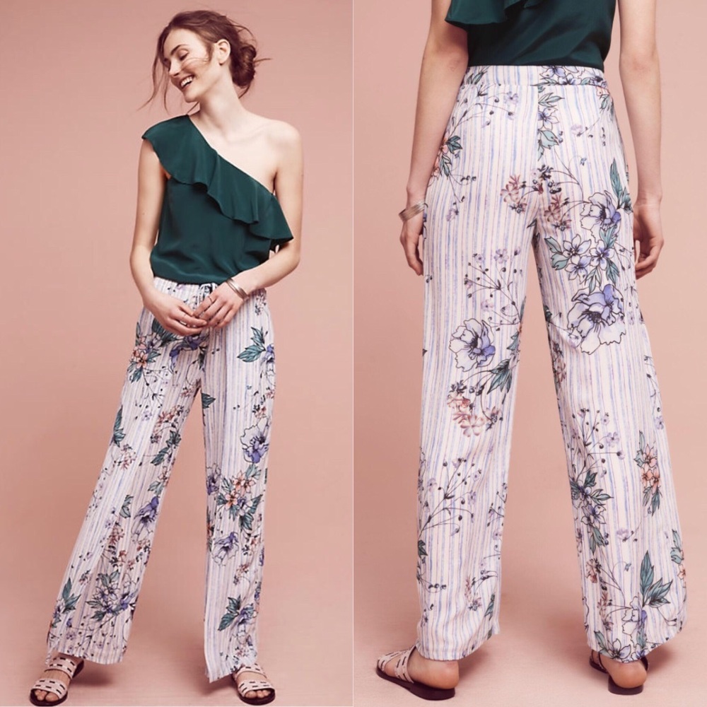 Anthropologie Floral Wide Leg Pants - White and Blue
